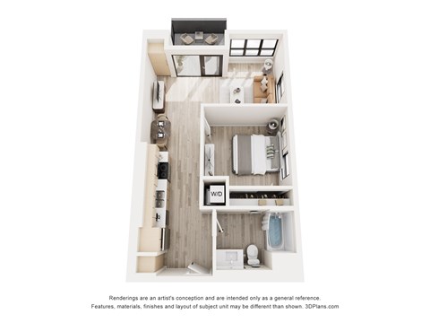 Floor plan for 1 bed, 1 bath, 602 sqft